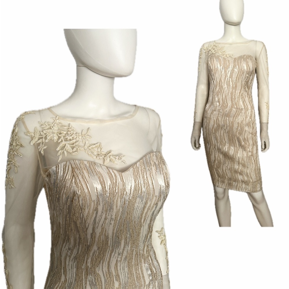 NWOT Knee-Length Illusion Sweetheart Cocktail Dress Embellished Sheer Sleeve